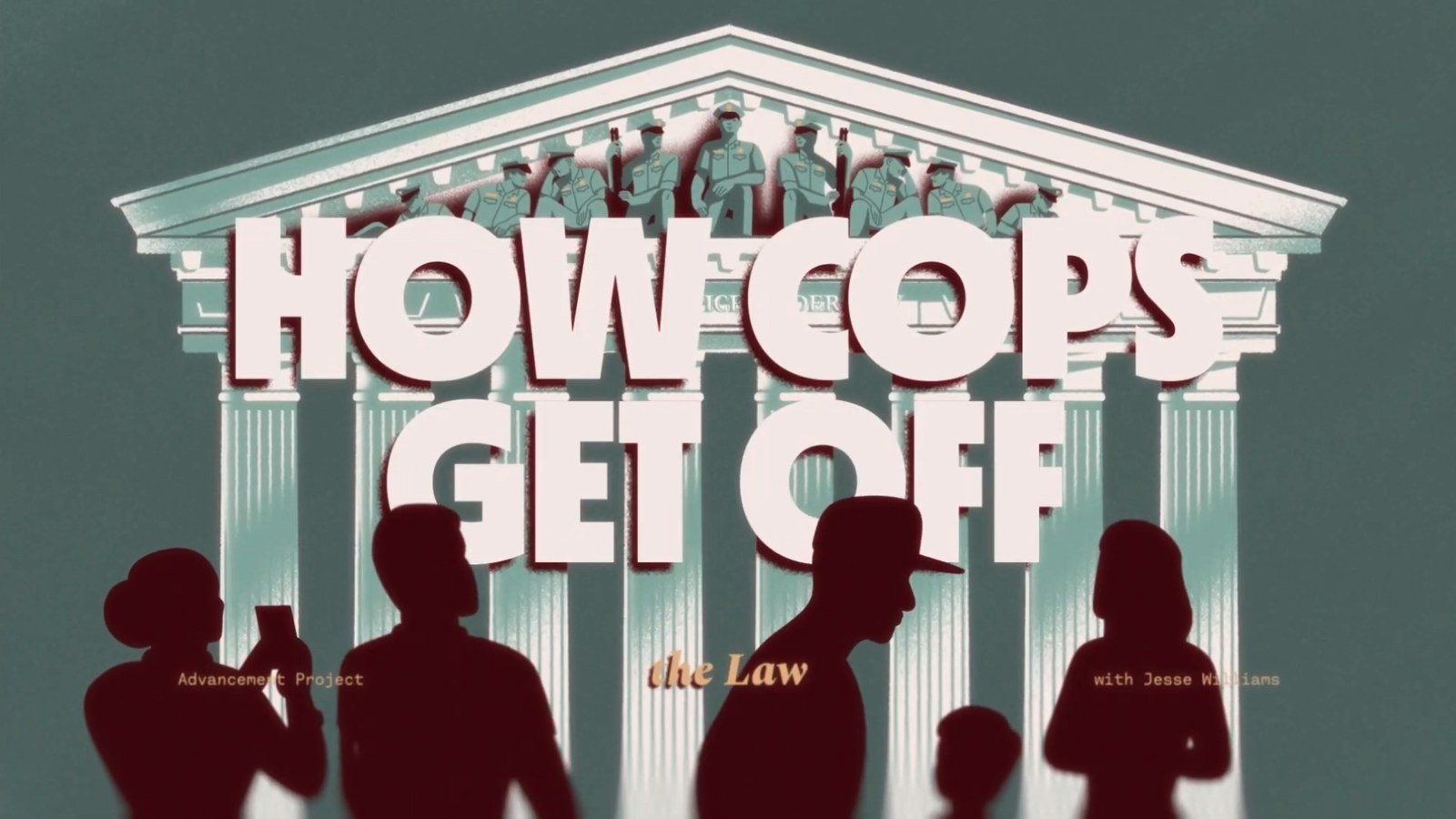 Title card for How Cops Get Off — the film's name over a courthouse facade, with silhouetted figures in the foreground