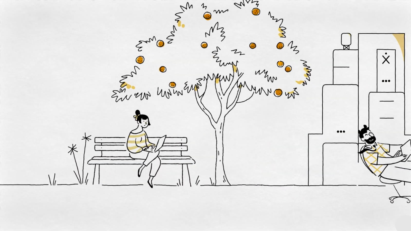 Line-drawn scene from the Citrix rebrand spots — a woman reading on a bench beneath an orange tree, a man reclining outside an office block
