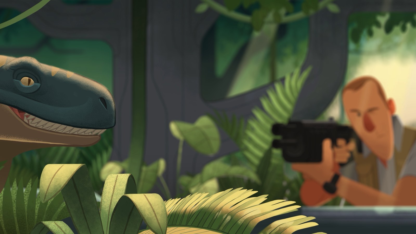 A raptor watching from the undergrowth on the left while a hunter aims a rifle from the right, illustrated by Jake Page