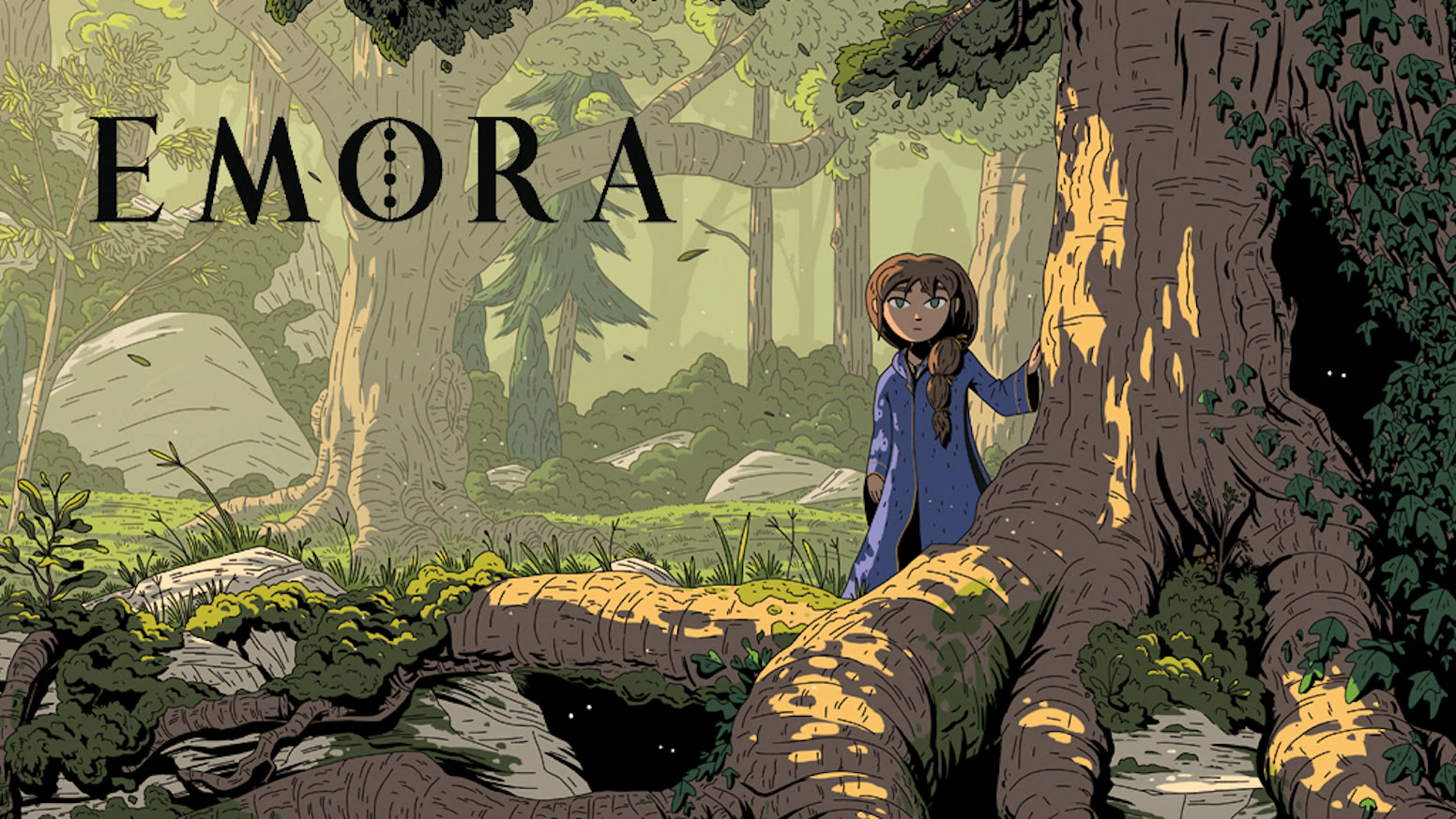 Emora cover art — a girl in a blue cloak beside an enormous mossy tree in a sunlit forest, the title set above