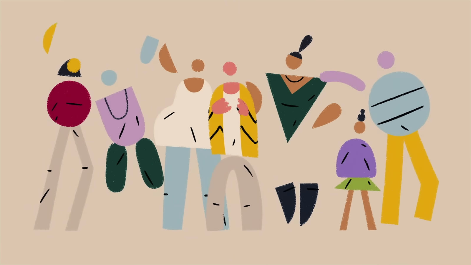 A crowd of cut-paper figures in flat color on a sand background, from the Generosity film
