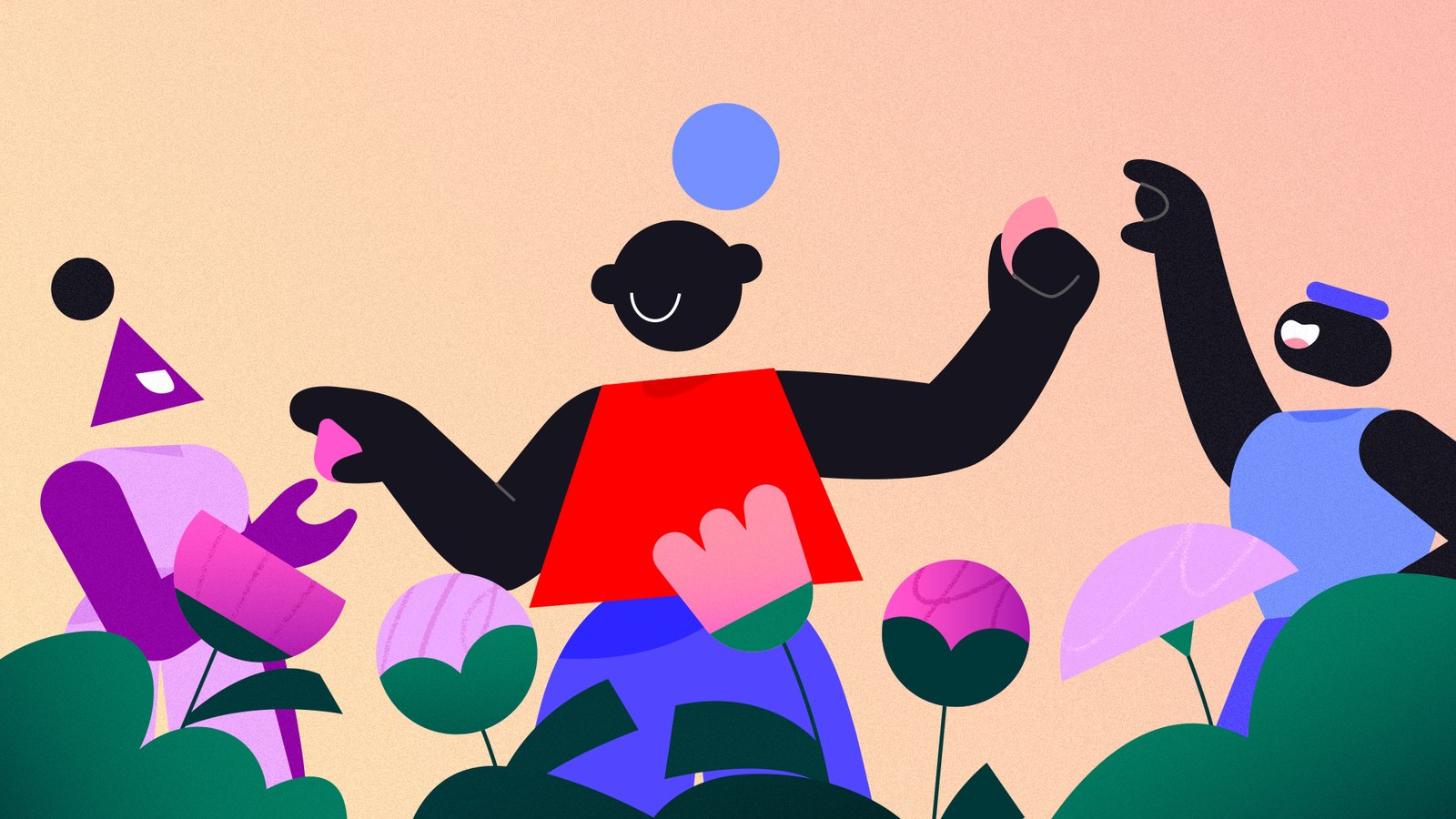 Illustrated character stretching among oversized flowers, from Netflix's onboarding films