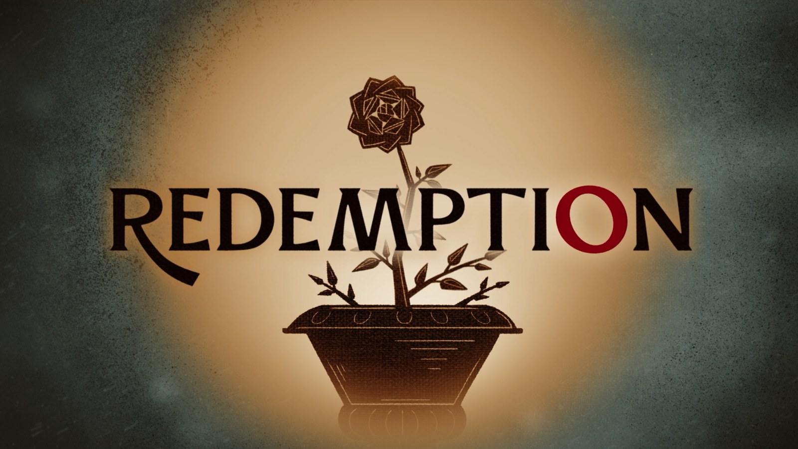 Title card for Redemption — a rose growing from a clay pot, the word REDEMPTION across it with the O in red