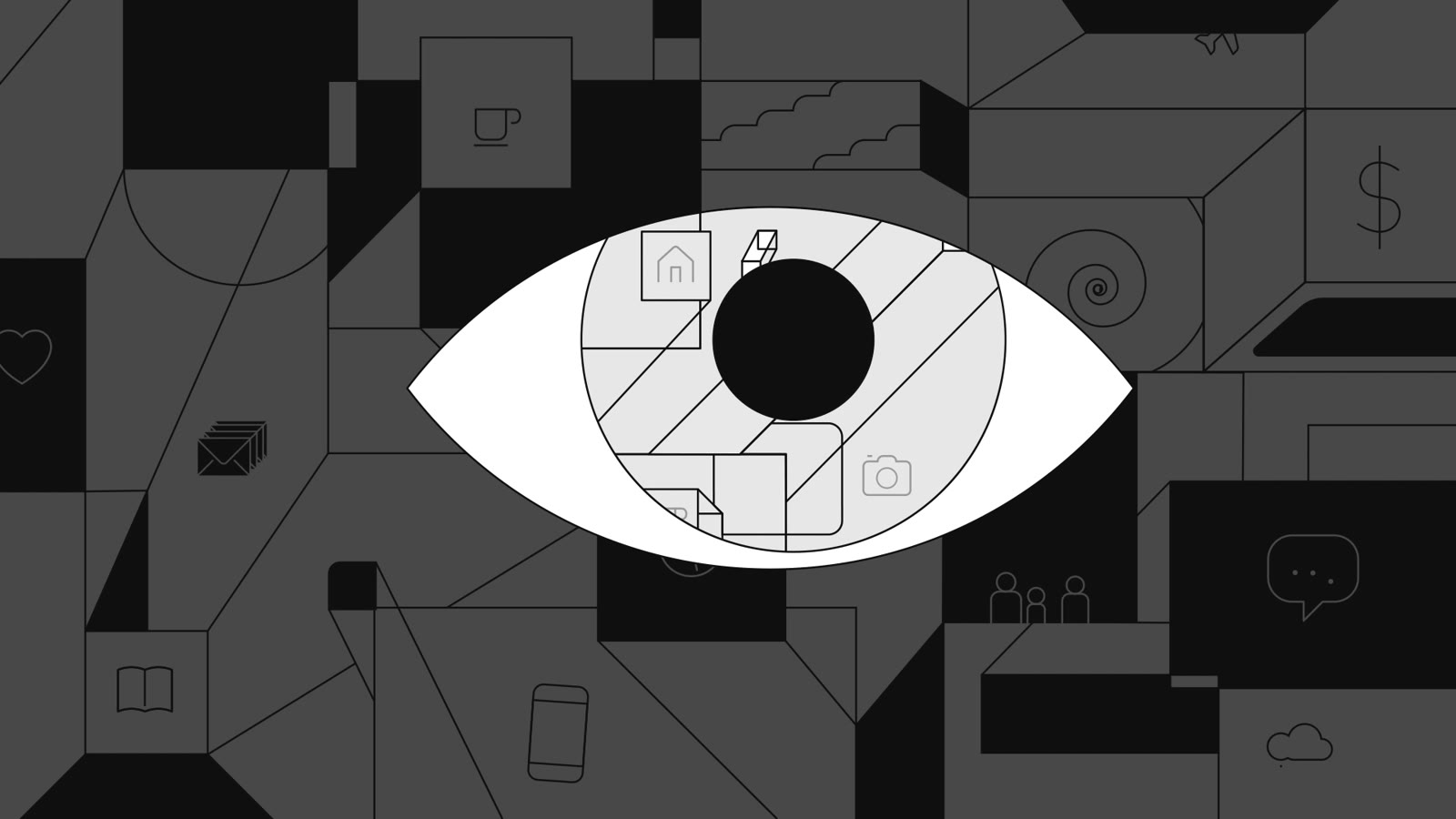 A large graphic eye at the center of a dense monochrome field of line icons — a house, a camera, a book, a speech bubble — from the Together for the Gospel trailer
