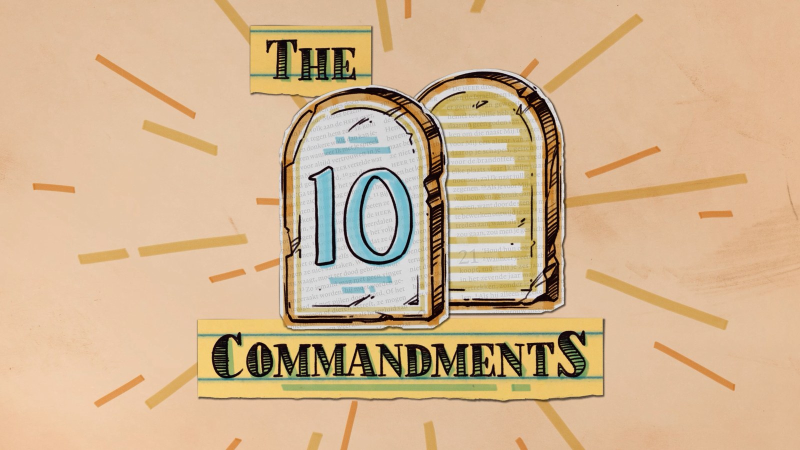 Title card for The 10 Commandments — two hand-drawn stone tablets on torn paper, collage style