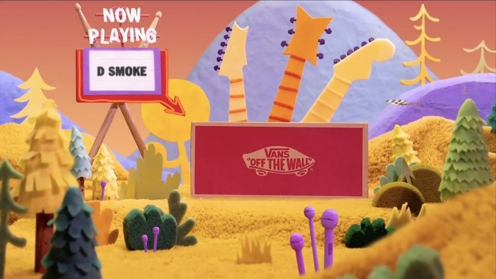 Felt-craft landscape from Vans Sidestripe Sessions, with a Now Playing sign reading D Smoke
